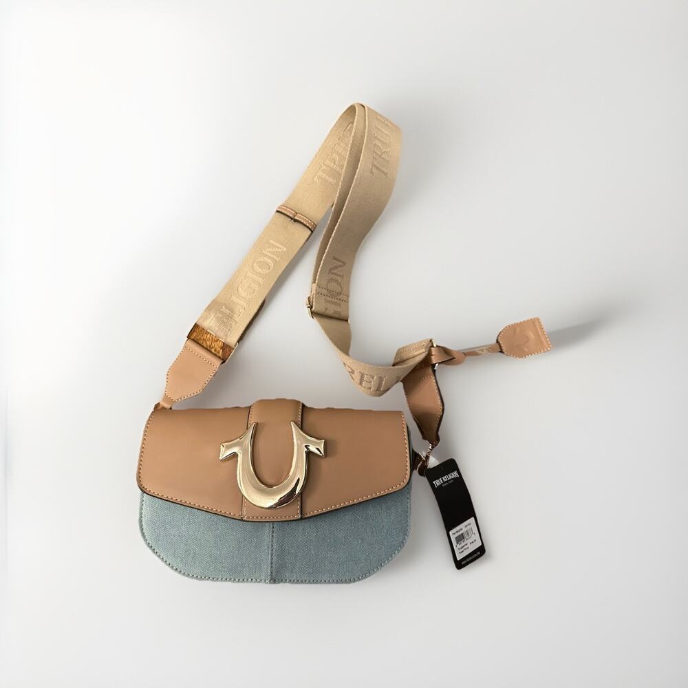 True Religion Denim Crossbody Bag Logo Accent Blue Beige Adjustable Strap Women